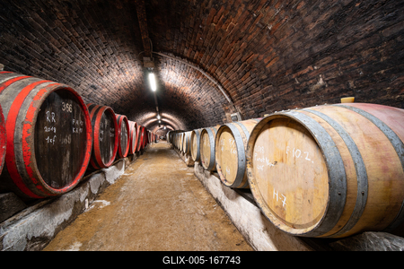 wooden barrels in old winery-stock-foto