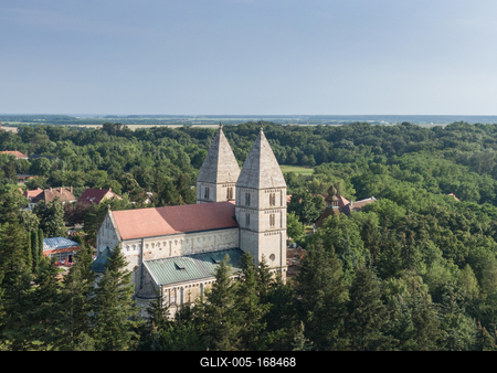 Drone photo of Jak's Romanesque abbey church, Hungary-stock-foto