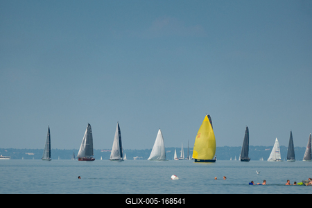 ZAMARDI - JULY 29 : Sailing boats compete on 52.nd Kékszalag championship at the Lake Balaton on 29 July 2020 in Zamardi, Hungary.-stock-foto