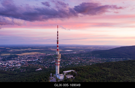 TV tower in Pecs Hungary with Mecsek hills-stock-foto