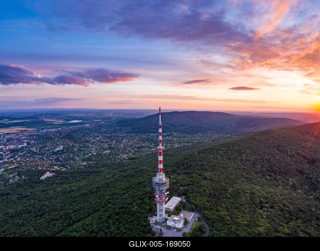 TV tower in Pecs Hungary with Mecsek hills-stock-foto