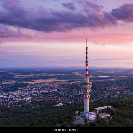 TV tower in Pecs Hungary with Mecsek hills-stock-foto