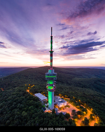 TV tower in Pecs Hungary with Mecsek hills-stock-foto