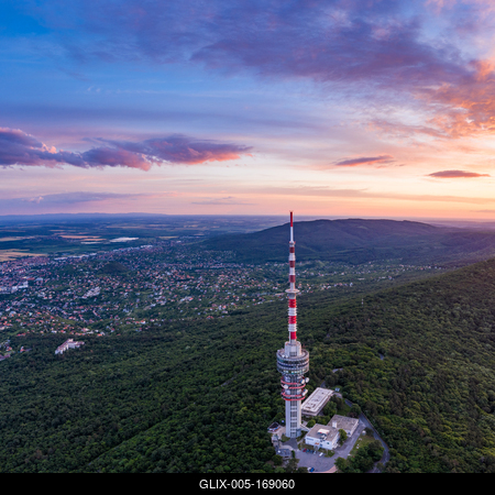 TV tower in Pecs Hungary with Mecsek hills-stock-foto
