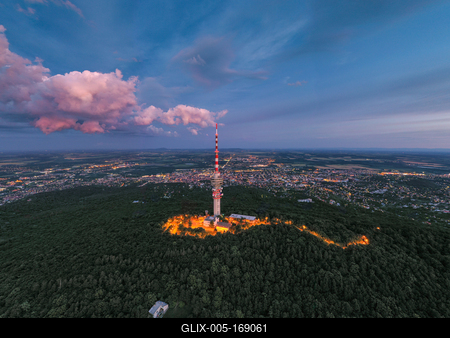 TV tower in Pecs Hungary with Mecsek hills-stock-foto