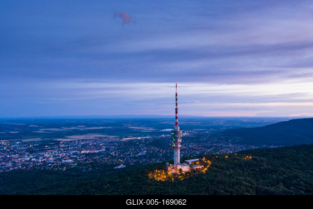 TV tower in Pecs Hungary with Mecsek hills-stock-foto