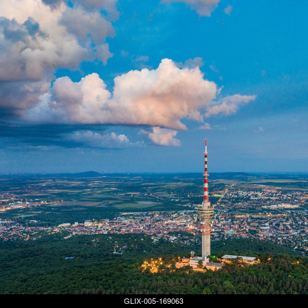 TV tower in Pecs Hungary with Mecsek hills-stock-foto