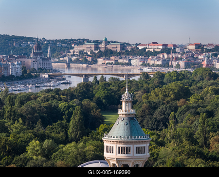 Water tower in Margaret Island in Budapest with panorama-stock-foto