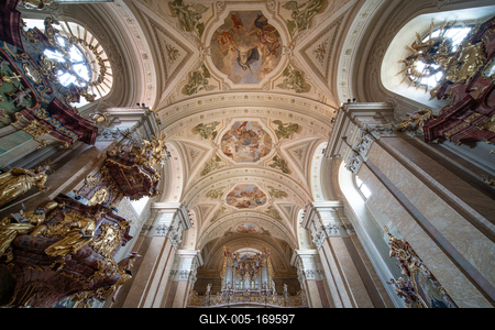 TIHANY - AUG 24 : Old fresco on Abbey of Tihany 24 Aug 2020 in Tihany, Hungary. It is a big catholic Church-stock-foto