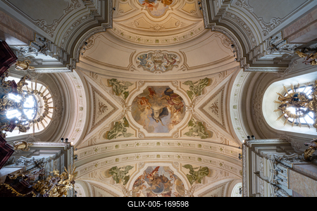 TIHANY - AUG 24 : Old fresco on Abbey of Tihany 24 Aug 2020 in Tihany, Hungary. It is a big catholic Church-stock-foto