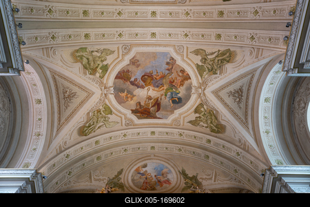 TIHANY - AUG 24 : Old fresco on Abbey of Tihany 24 Aug 2020 in Tihany, Hungary. It is a big catholic Church-stock-foto