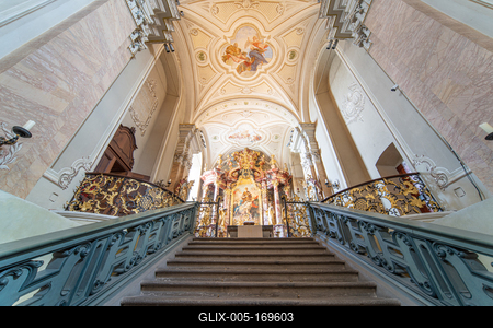 TIHANY - AUG 24 : Old fresco on Abbey of Tihany 24 Aug 2020 in Tihany, Hungary. It is a big catholic Church-stock-foto