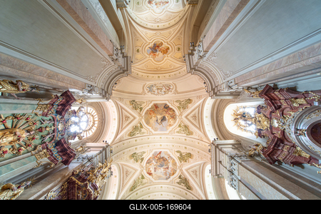 TIHANY - AUG 24 : Old fresco on Abbey of Tihany 24 Aug 2020 in Tihany, Hungary. It is a big catholic Church-stock-foto