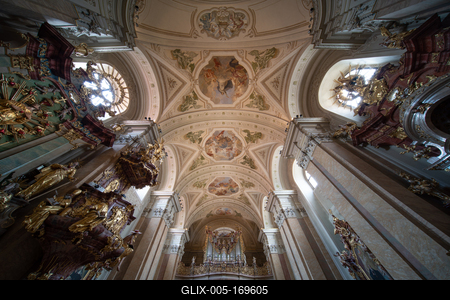 TIHANY - AUG 24 : Old fresco on Abbey of Tihany 24 Aug 2020 in Tihany, Hungary. It is a big catholic Church-stock-foto