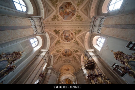 TIHANY - AUG 24 : Old fresco on Abbey of Tihany 24 Aug 2020 in Tihany, Hungary. It is a big catholic Church-stock-foto