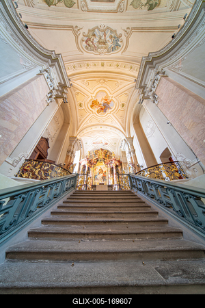 TIHANY - AUG 24 : Old fresco on Abbey of Tihany 24 Aug 2020 in Tihany, Hungary. It is a big catholic Church-stock-foto