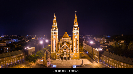 aerial photo of  beautiful Cathedral of Szeged at night-stock-foto