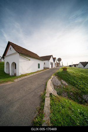 Wine cellars in a row in Southern Hungary in Palkonya village-stock-foto