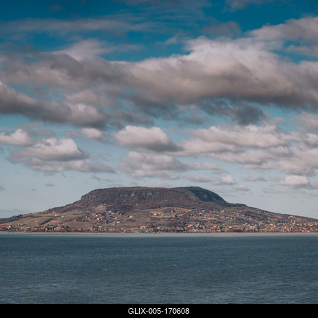 Lake Balaton with Badacsony hill and cloudy sky-stock-foto
