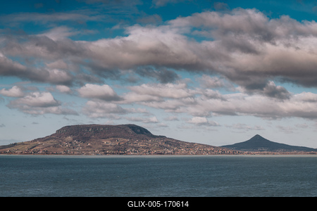 Lake Balaton with Badacsony hill and cloudy sky-stock-foto