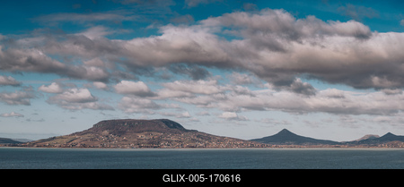 Lake Balaton with Badacsony hill and cloudy sky-stock-foto