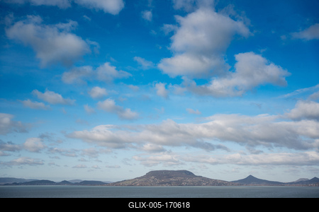 Lake Balaton with Badacsony hill and cloudy sky-stock-foto
