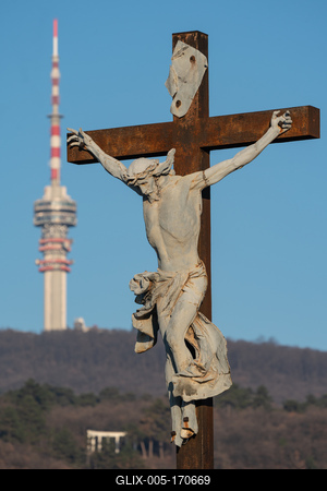 jesus christ ascension on cross with Tv tower-stock-foto