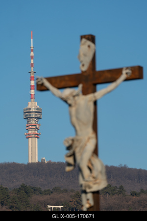 jesus christ ascension on cross with Tv tower-stock-foto