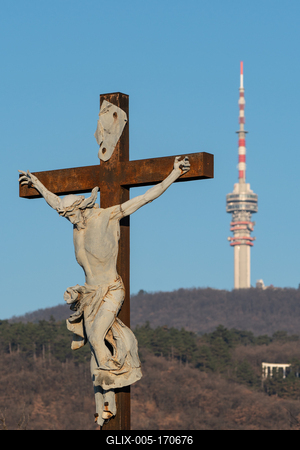 jesus christ ascension on cross with Tv tower-stock-foto