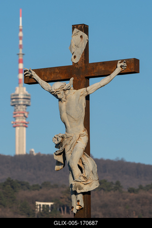 jesus christ ascension on cross with Tv tower-stock-foto