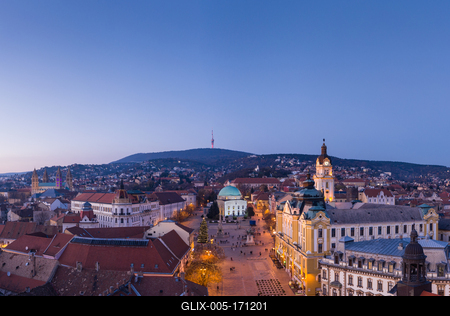 Aerial view of beautiful Pecs with christmas lights-stock-foto