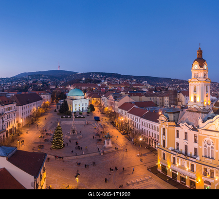 Aerial view of beautiful Pecs with christmas lights-stock-foto