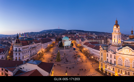Aerial view of beautiful Pecs with christmas lights-stock-foto
