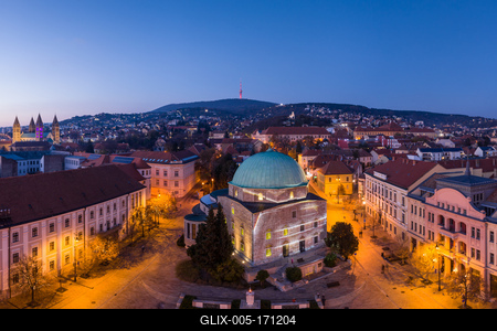 Aerial view of beautiful Pecs with christmas lights-stock-foto