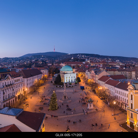 Aerial view of beautiful Pecs with christmas lights-stock-foto