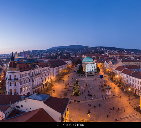 Aerial view of beautiful Pecs with christmas lights-stock-foto