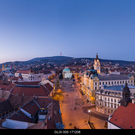 Aerial view of beautiful Pecs with christmas lights-stock-foto