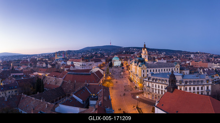 Aerial view of beautiful Pecs with christmas lights-stock-foto