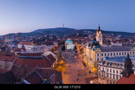 Aerial view of beautiful Pecs with christmas lights-stock-foto