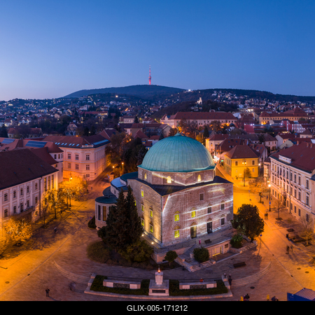 Aerial view of beautiful Pecs with christmas lights-stock-foto