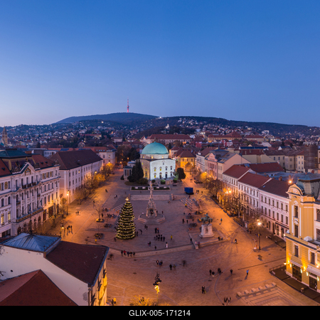 Aerial view of beautiful Pecs with christmas lights-stock-foto