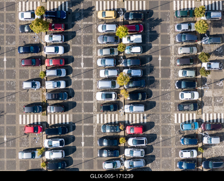 Aerial drone view above cars at parking-stock-foto