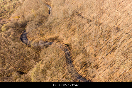 Aerial drone view from a cury road in mecsek-stock-foto