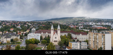 Aerial view of Piusz Church in Pecs, Hungary-stock-foto