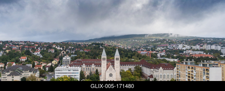 Aerial view of Piusz Church in Pecs, Hungary-stock-foto