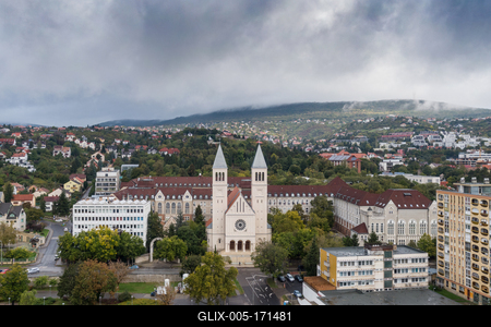Aerial view of Piusz Church in Pecs, Hungary-stock-foto