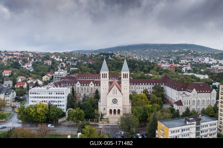 Aerial view of Piusz Church in Pecs, Hungary-stock-foto
