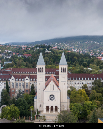 Aerial view of Piusz Church in Pecs, Hungary-stock-foto