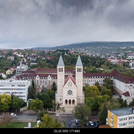 Aerial view of Piusz Church in Pecs, Hungary-stock-foto