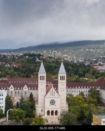 Aerial view of Piusz Church in Pecs, Hungary-stock-foto